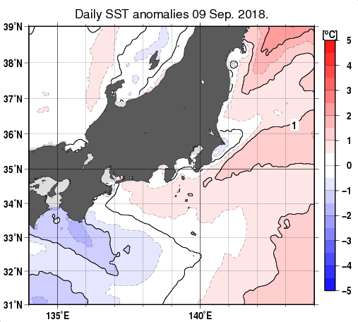 関東・東海・北陸周辺海域の海面水温平年差分布図（9月9日）