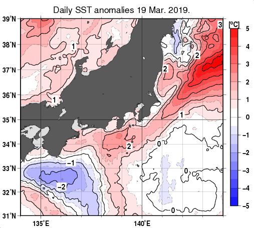 関東・東海・北陸周辺海域の海面水温平年差分布図（3月19日）