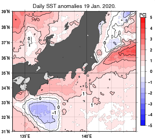 関東・東海・北陸周辺海域の海面水温平年差分布図（1月19日）