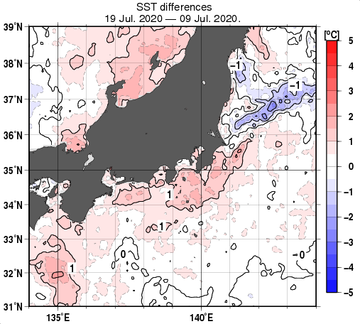 関東・東海・北陸周辺海域の10日間の海面水温変化量分布図（7月19日）