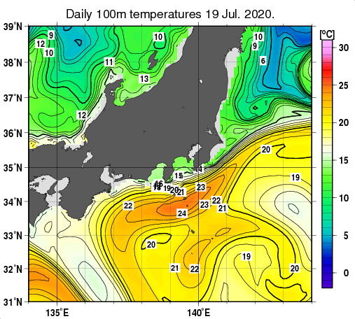 関東・東海・北陸周辺海域の深さ100mの水温分布図（7月19日）