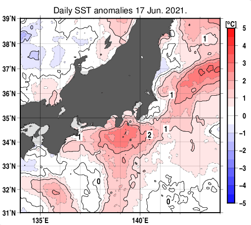 関東・東海・北陸周辺海域の海面水温平年差分布図（6月17日）