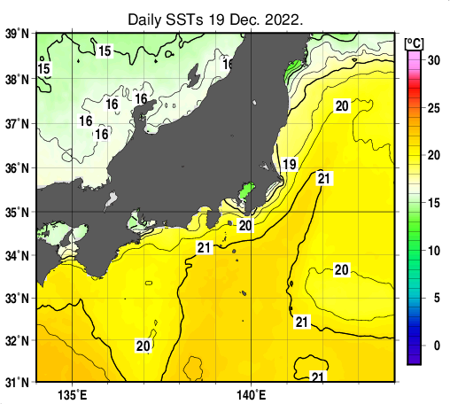 関東・東海・北陸周辺海域の海面水温分布図（12月19日）