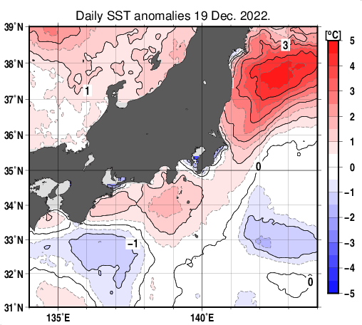 関東・東海・北陸周辺海域の海面水温平年差分布図（12月19日）