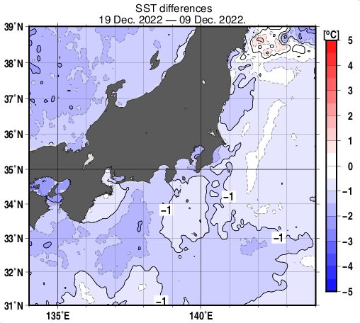 関東・東海・北陸周辺海域の10日間の海面水温変化量分布図（12月19日）