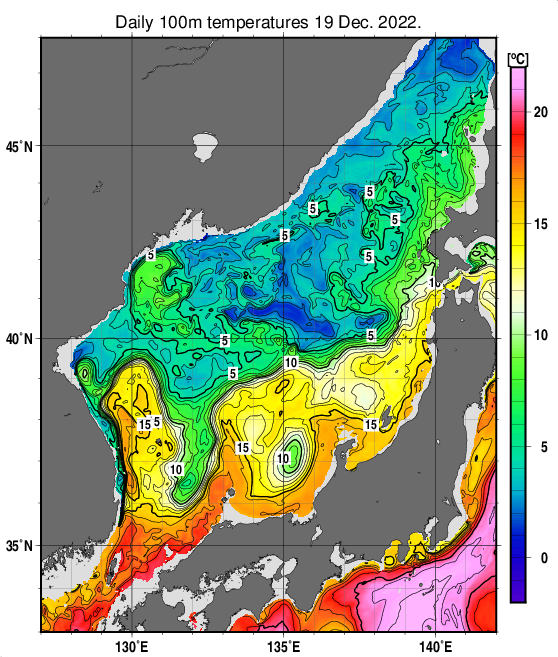 日本海の深さ100mの水温分布図（12月19日）