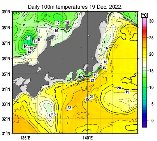 関東・東海・北陸周辺海域の深さ100mの水温分布図（12月19日）