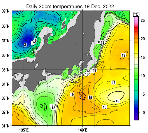 関東・東海・北陸周辺海域の深さ200mの水温分布図（12月19日）