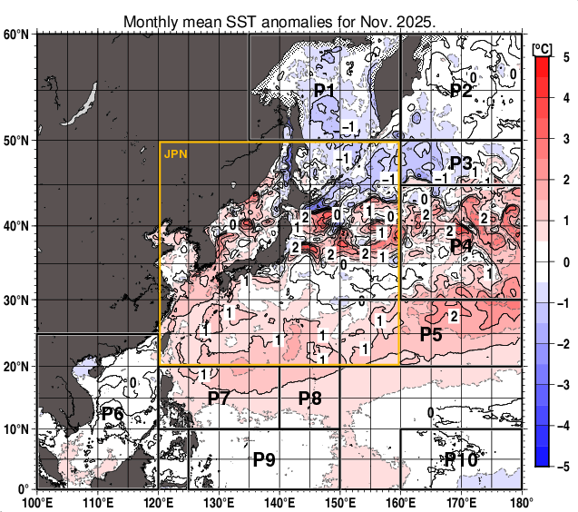 北西太平洋の月平均海面水温平年差分布図（2025年11月）