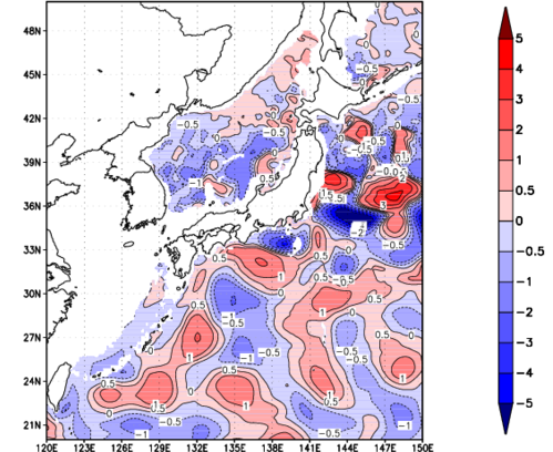 海面～740m月平均表層水温偏差分布