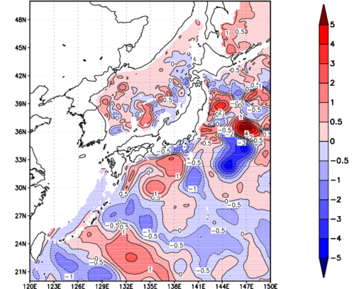 海面～740m月平均表層水温偏差分布