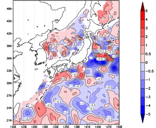 海面～740m月平均表層水温偏差分布