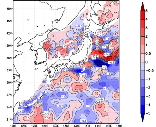 海面～740m月平均表層水温偏差分布