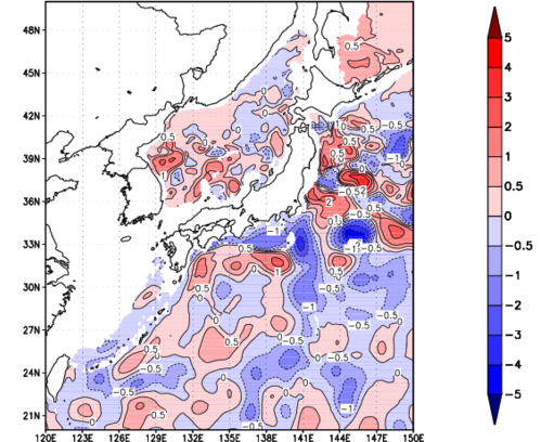 海面～740m月平均表層水温偏差分布