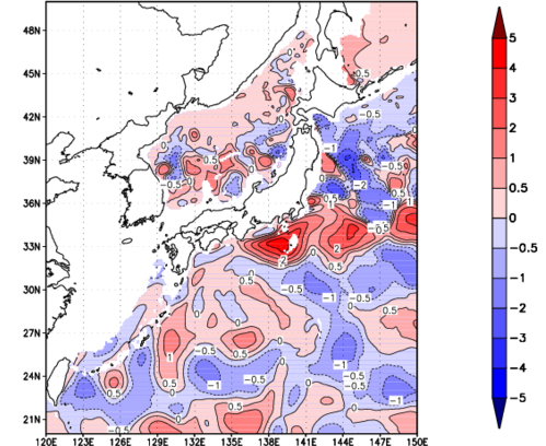 海面～740m月平均表層水温偏差分布