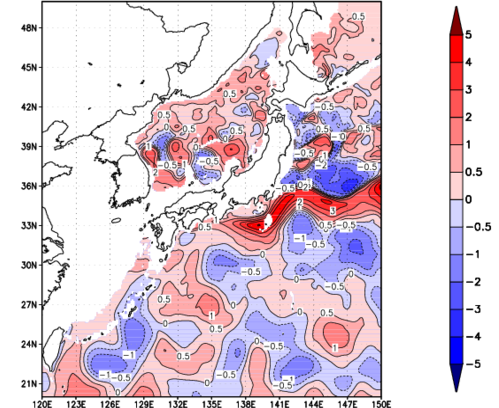 海面～740m月平均表層水温偏差分布