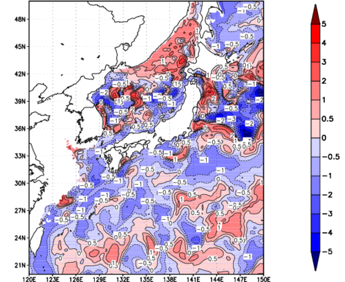 海面～100m月平均表層水温偏差分布