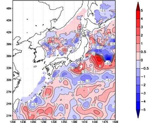 海面～740m月平均表層水温偏差分布