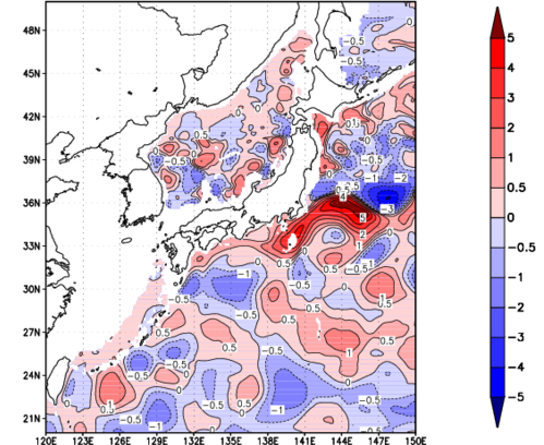 海面～740m月平均表層水温偏差分布