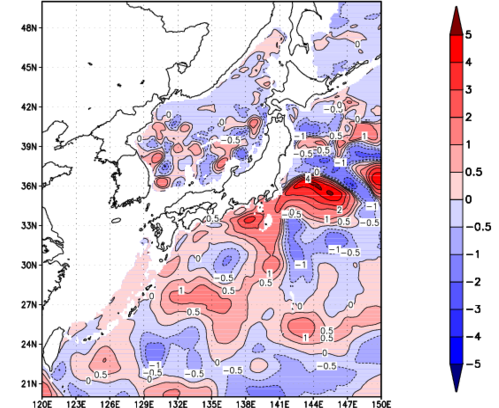 海面～740m月平均表層水温偏差分布