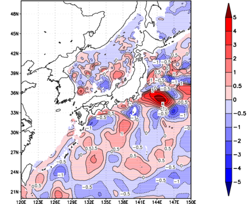 海面～740m月平均表層水温偏差分布