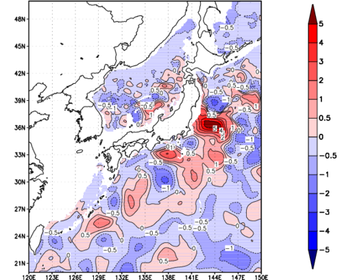 海面～740m月平均表層水温偏差分布