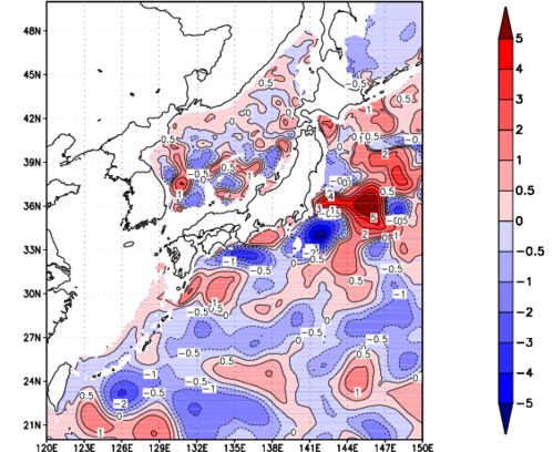 海面～740m月平均表層水温偏差分布