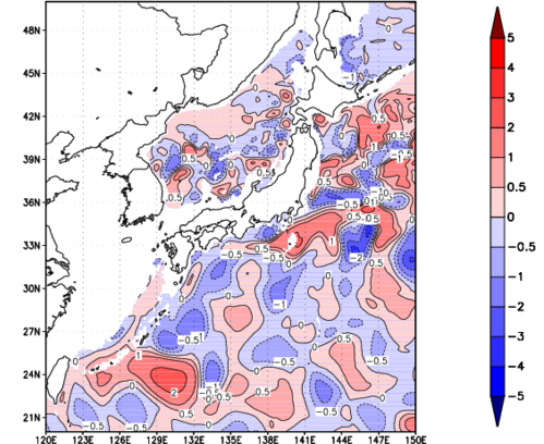 海面～740m月平均表層水温偏差分布