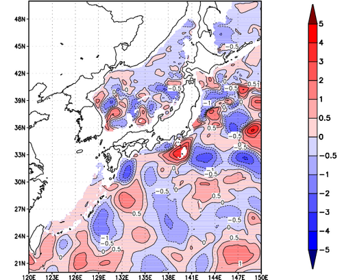 海面～740m月平均表層水温偏差分布