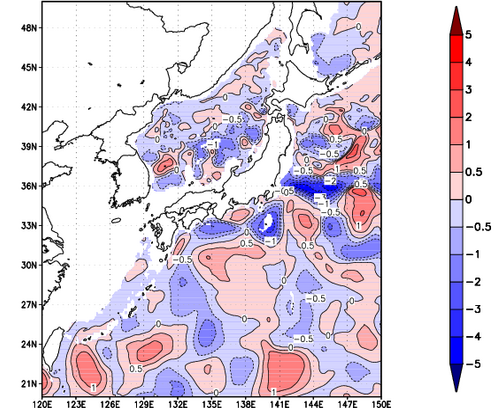 海面～740m月平均表層水温偏差分布