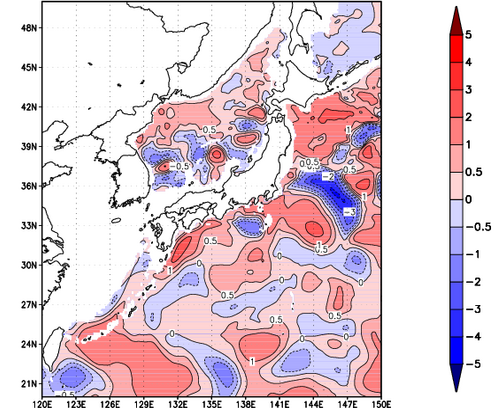 海面～740m月平均表層水温偏差分布