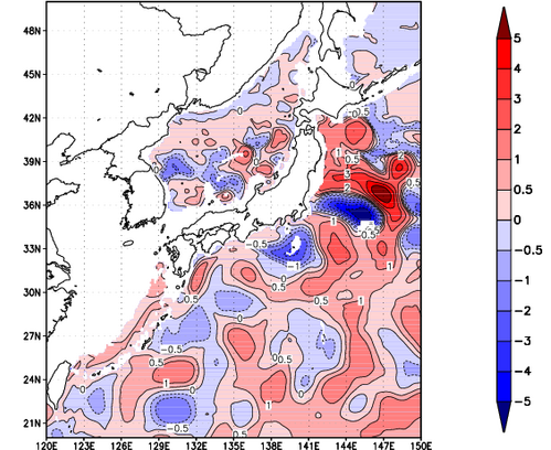 海面～740m月平均表層水温偏差分布