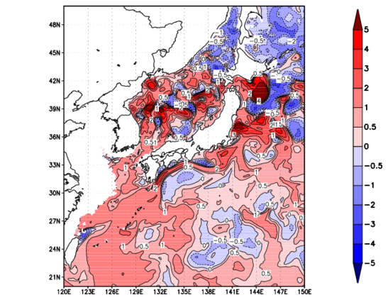 海面～100m月平均表層水温偏差分布