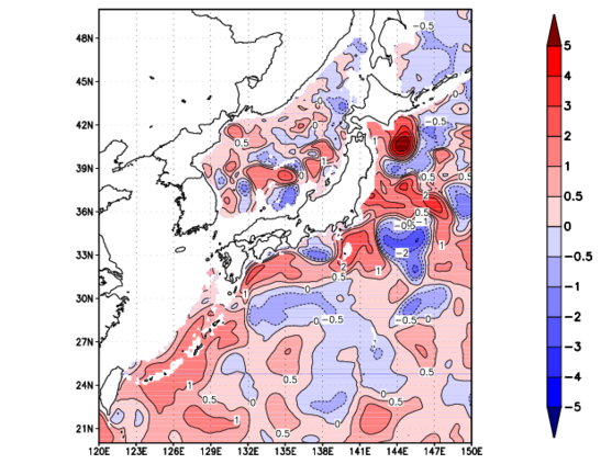 海面～740m月平均表層水温偏差分布