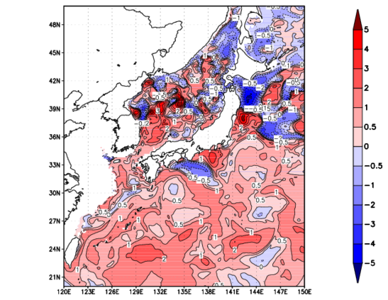 海面～100m月平均表層水温偏差分布