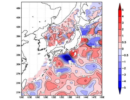 海面～740m月平均表層水温偏差分布