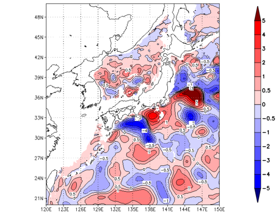 海面～740m月平均表層水温偏差分布