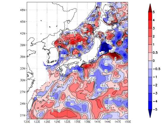 海面～100m月平均表層水温偏差分布