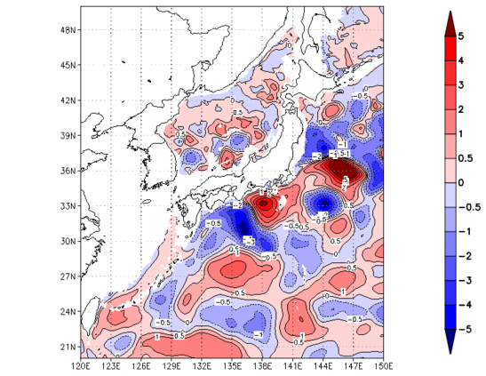 海面～740m月平均表層水温偏差分布