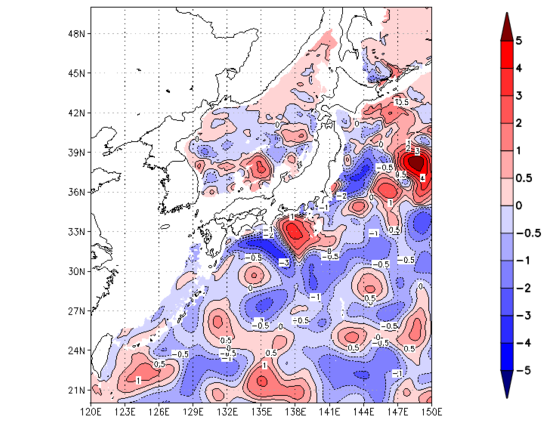 海面～740m月平均表層水温偏差分布