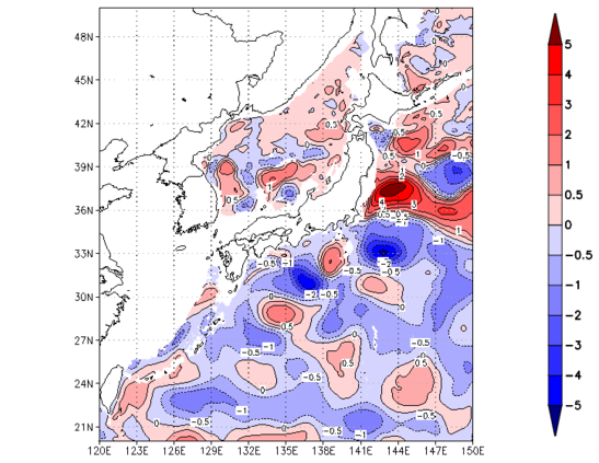 海面～740m月平均表層水温偏差分布