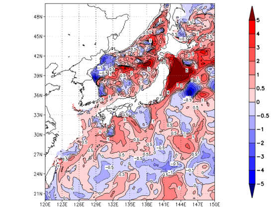 海面～100m月平均表層水温偏差分布