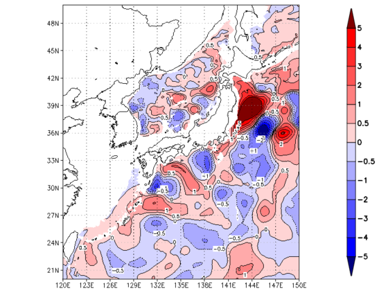 海面～740m月平均表層水温偏差分布