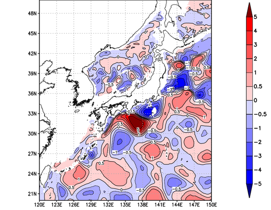 海面～740m月平均表層水温偏差分布