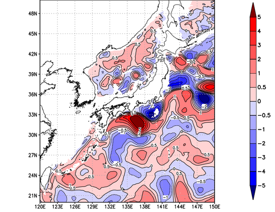 海面～740m月平均表層水温偏差分布