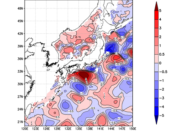 海面～740m月平均表層水温偏差分布