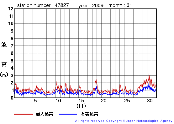 2009年1月の佐多岬の有義波高経過図