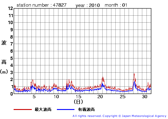 2010年1月の佐多岬の有義波高経過図