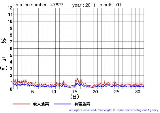 2011年1月の佐多岬の有義波高経過図