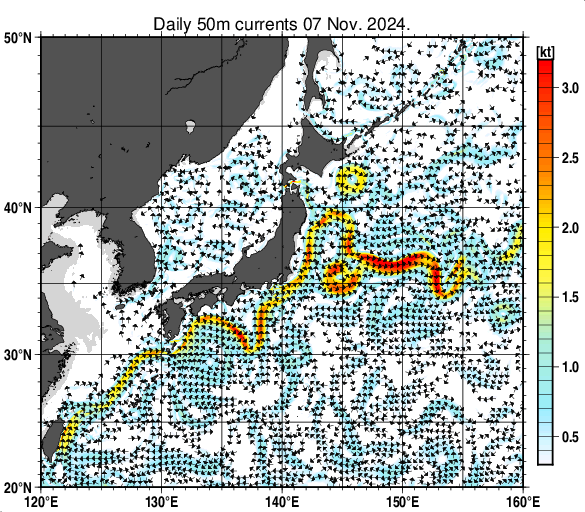 日本近海の深さ50mの海流分布図（11月7日）